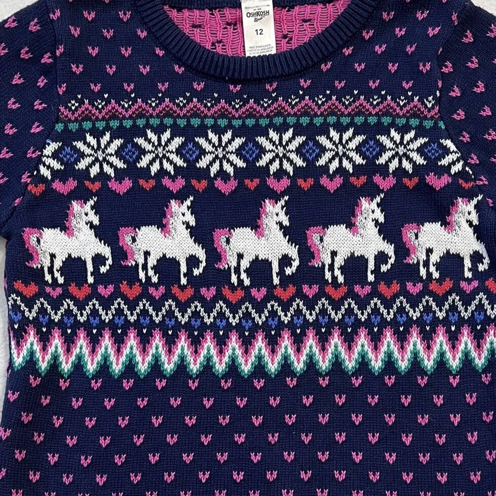 OshKosh B'Gosh Girl Blue PInk Fair Isle Silver Metallic Unicorn Knit Sweater 12